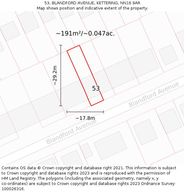 53, BLANDFORD AVENUE, KETTERING, NN16 9AR: Plot and title map