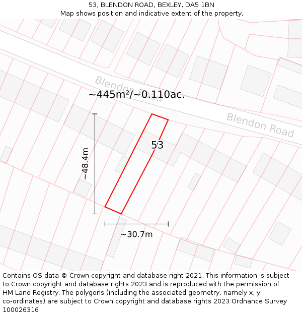 53, BLENDON ROAD, BEXLEY, DA5 1BN: Plot and title map