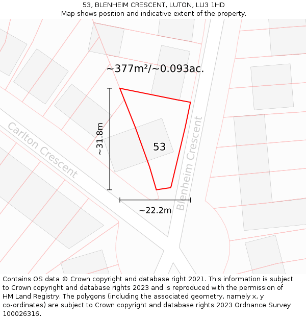 53, BLENHEIM CRESCENT, LUTON, LU3 1HD: Plot and title map