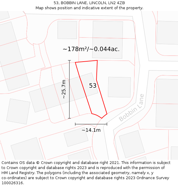 53, BOBBIN LANE, LINCOLN, LN2 4ZB: Plot and title map
