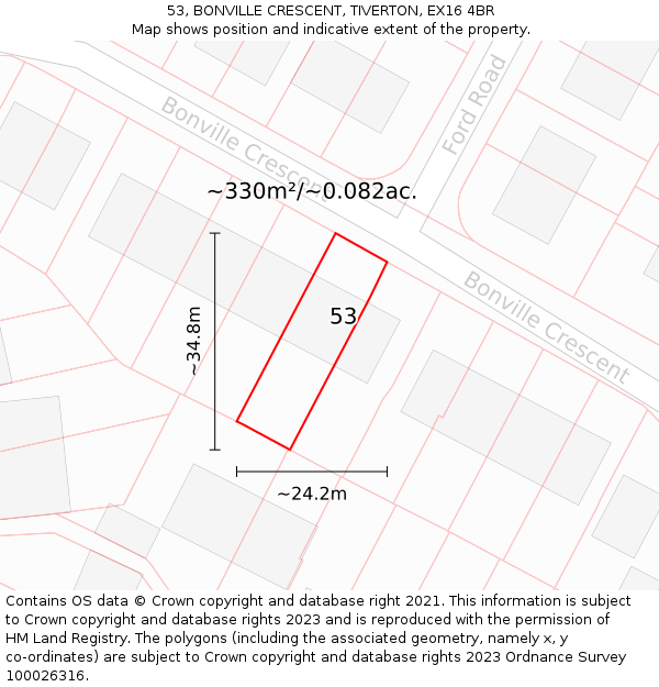 53, BONVILLE CRESCENT, TIVERTON, EX16 4BR: Plot and title map