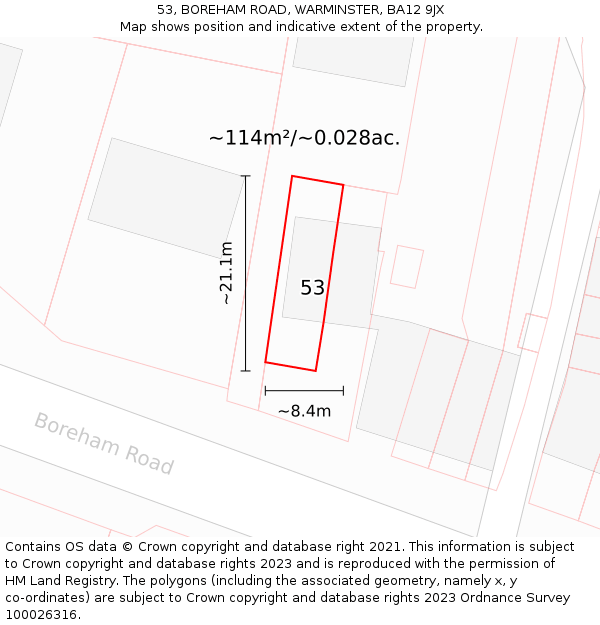 53, BOREHAM ROAD, WARMINSTER, BA12 9JX: Plot and title map