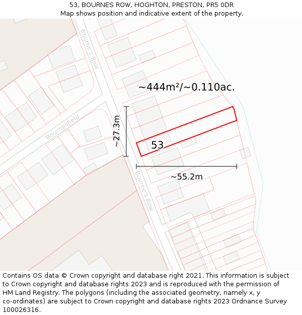 53, BOURNES ROW, HOGHTON, PRESTON, PR5 0DR: Plot and title map