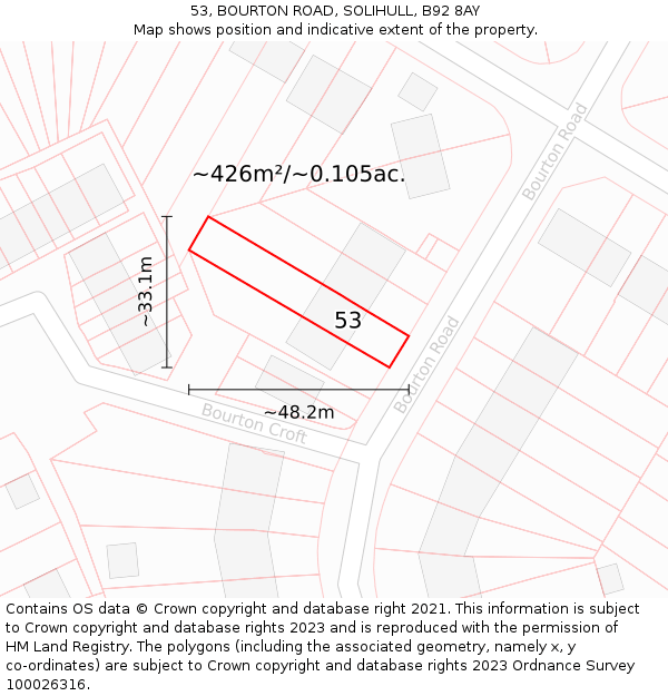 53, BOURTON ROAD, SOLIHULL, B92 8AY: Plot and title map