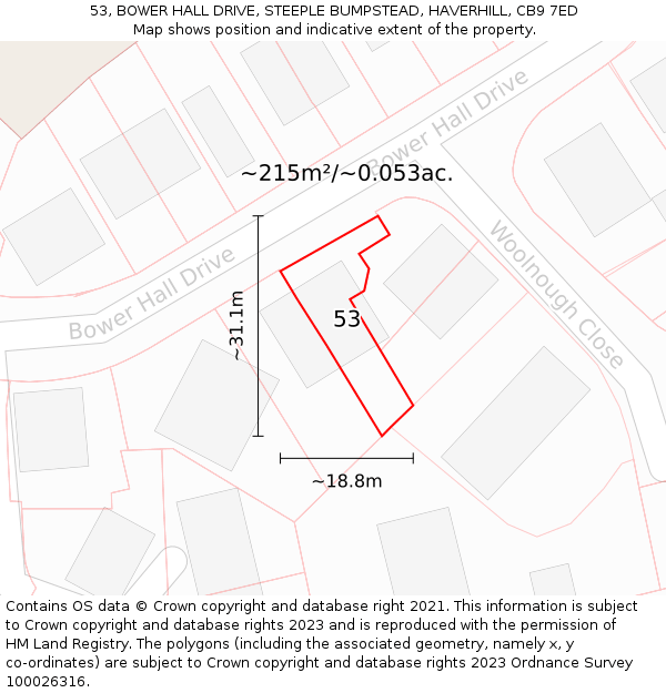 53, BOWER HALL DRIVE, STEEPLE BUMPSTEAD, HAVERHILL, CB9 7ED: Plot and title map