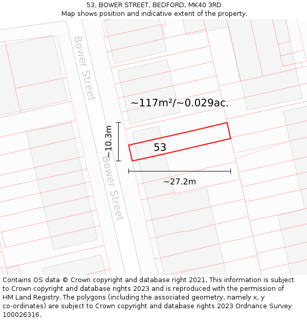 53, BOWER STREET, BEDFORD, MK40 3RD: Plot and title map