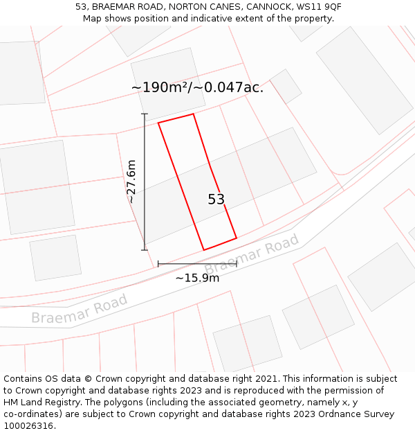 53, BRAEMAR ROAD, NORTON CANES, CANNOCK, WS11 9QF: Plot and title map