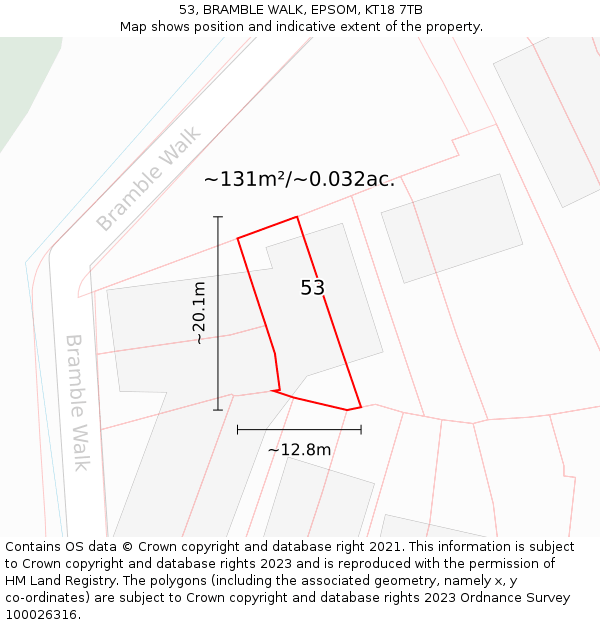 53, BRAMBLE WALK, EPSOM, KT18 7TB: Plot and title map