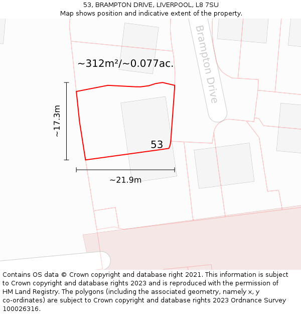 53, BRAMPTON DRIVE, LIVERPOOL, L8 7SU: Plot and title map