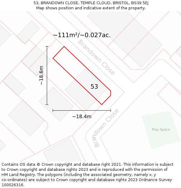 53, BRANDOWN CLOSE, TEMPLE CLOUD, BRISTOL, BS39 5EJ: Plot and title map