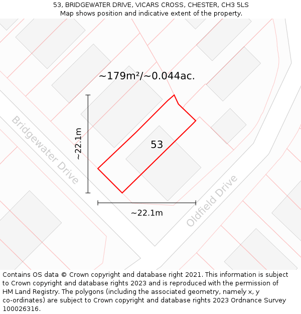 53, BRIDGEWATER DRIVE, VICARS CROSS, CHESTER, CH3 5LS: Plot and title map