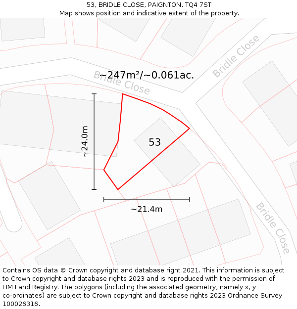 53, BRIDLE CLOSE, PAIGNTON, TQ4 7ST: Plot and title map