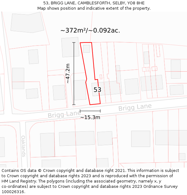 53, BRIGG LANE, CAMBLESFORTH, SELBY, YO8 8HE: Plot and title map