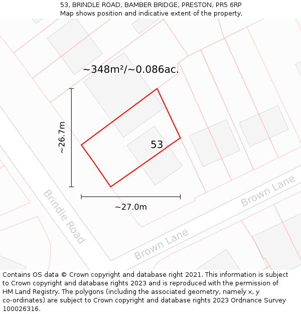 53, BRINDLE ROAD, BAMBER BRIDGE, PRESTON, PR5 6RP: Plot and title map
