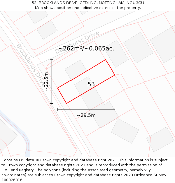 53, BROOKLANDS DRIVE, GEDLING, NOTTINGHAM, NG4 3GU: Plot and title map