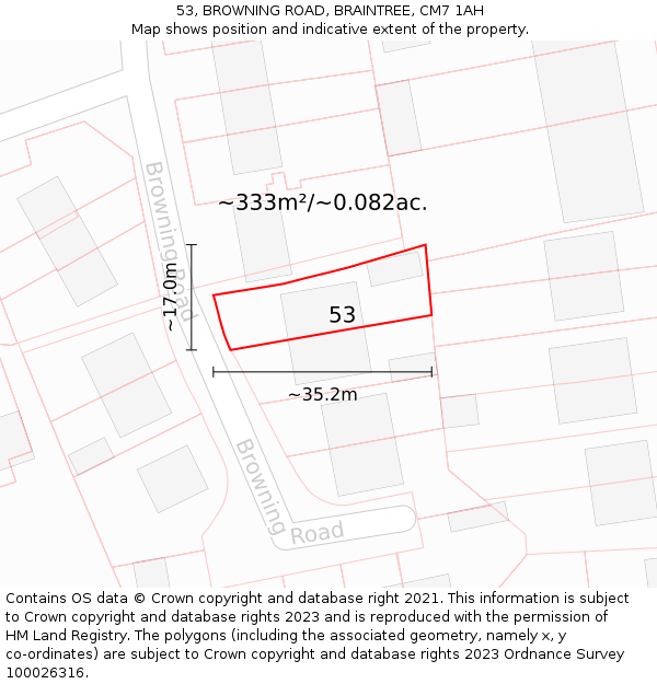 53, BROWNING ROAD, BRAINTREE, CM7 1AH: Plot and title map