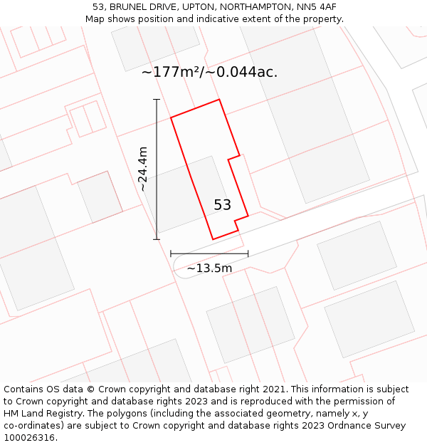 53, BRUNEL DRIVE, UPTON, NORTHAMPTON, NN5 4AF: Plot and title map