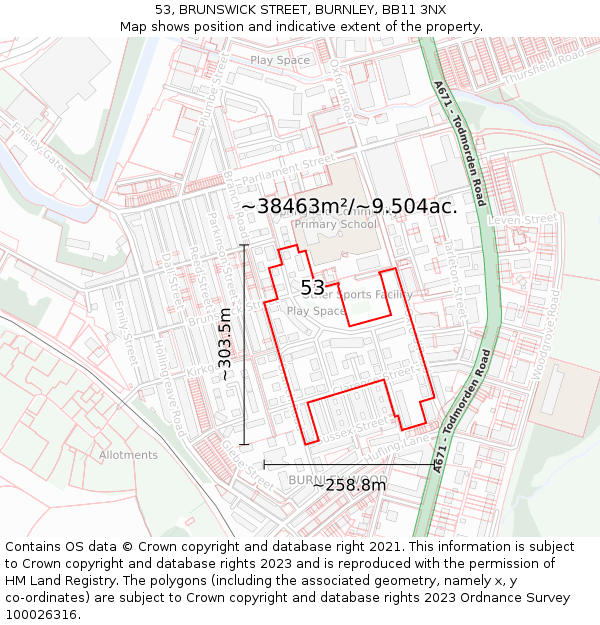 53, BRUNSWICK STREET, BURNLEY, BB11 3NX: Plot and title map