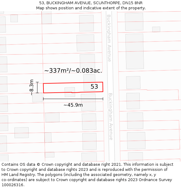 53, BUCKINGHAM AVENUE, SCUNTHORPE, DN15 8NR: Plot and title map