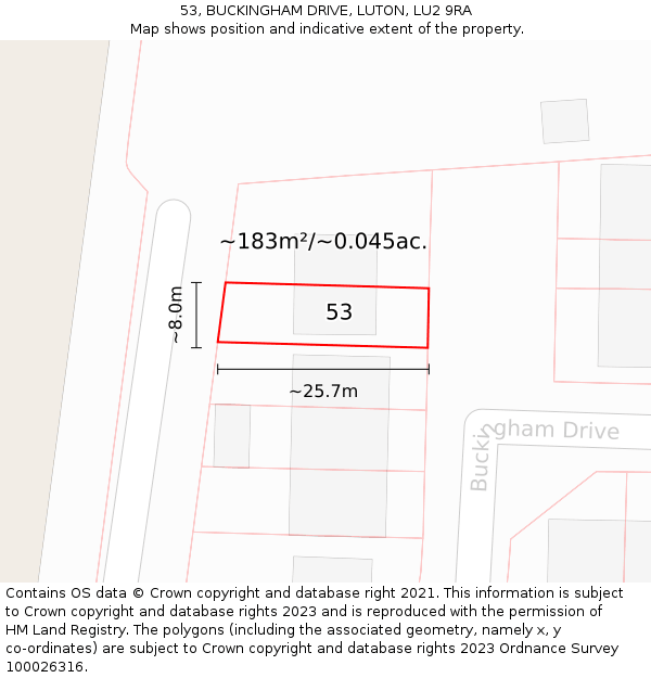 53, BUCKINGHAM DRIVE, LUTON, LU2 9RA: Plot and title map