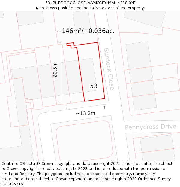 53, BURDOCK CLOSE, WYMONDHAM, NR18 0YE: Plot and title map