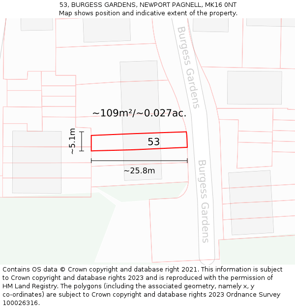 53, BURGESS GARDENS, NEWPORT PAGNELL, MK16 0NT: Plot and title map