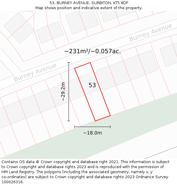53, BURNEY AVENUE, SURBITON, KT5 8DF: Plot and title map