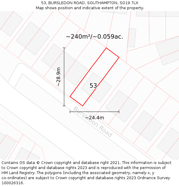 53, BURSLEDON ROAD, SOUTHAMPTON, SO19 7LX: Plot and title map
