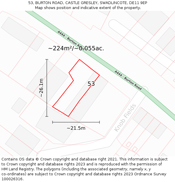 53, BURTON ROAD, CASTLE GRESLEY, SWADLINCOTE, DE11 9EP: Plot and title map