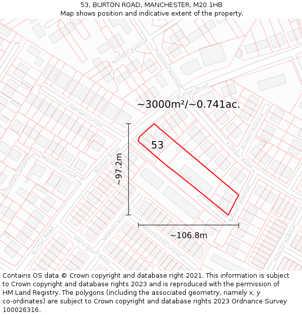 53, BURTON ROAD, MANCHESTER, M20 1HB: Plot and title map