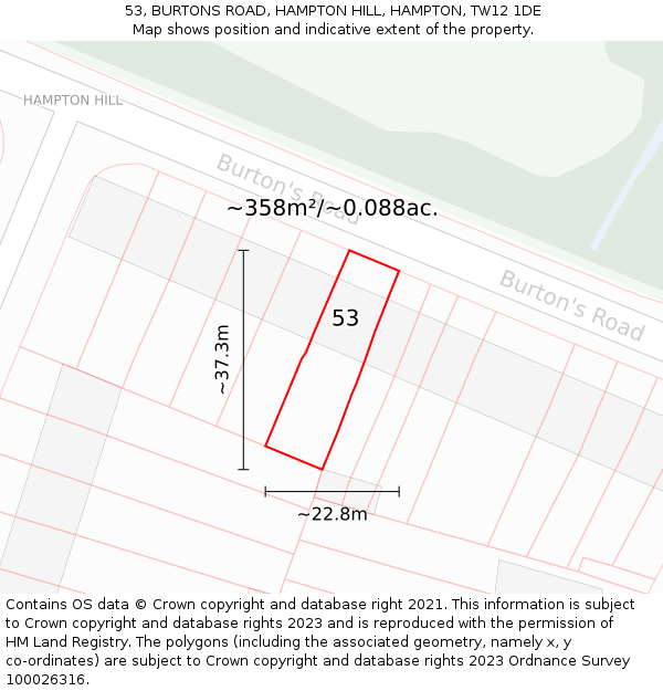 53, BURTONS ROAD, HAMPTON HILL, HAMPTON, TW12 1DE: Plot and title map