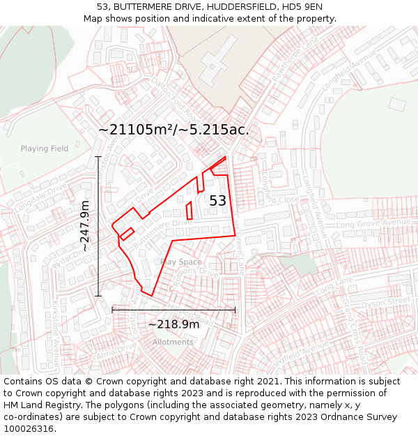 53, BUTTERMERE DRIVE, HUDDERSFIELD, HD5 9EN: Plot and title map