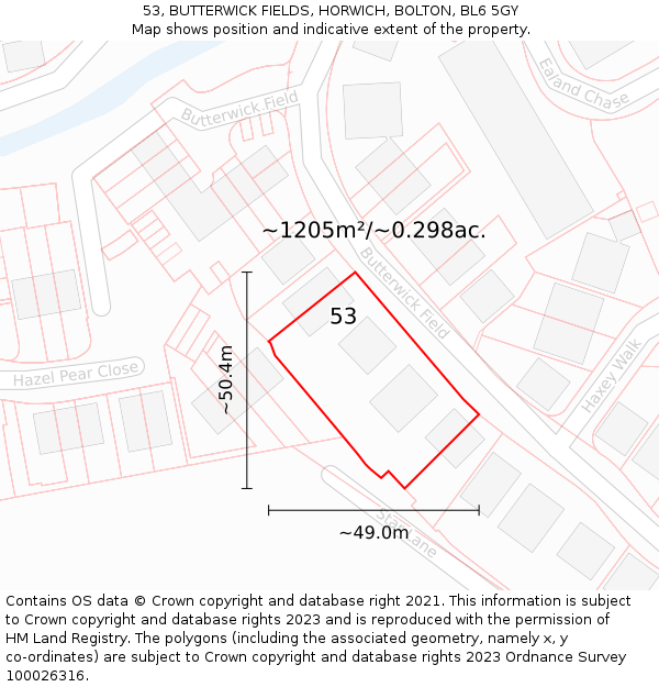 53, BUTTERWICK FIELDS, HORWICH, BOLTON, BL6 5GY: Plot and title map