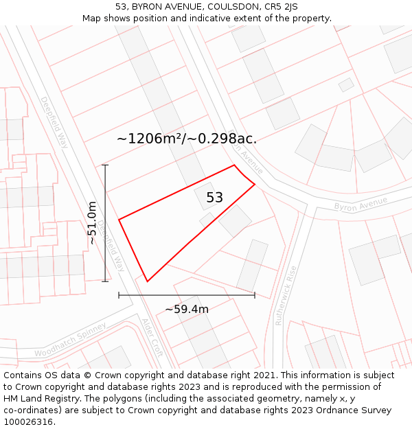 53, BYRON AVENUE, COULSDON, CR5 2JS: Plot and title map