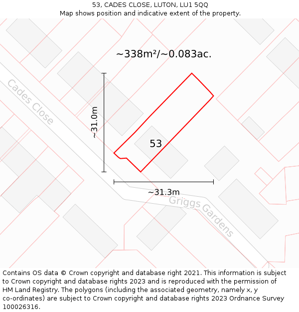 53, CADES CLOSE, LUTON, LU1 5QQ: Plot and title map
