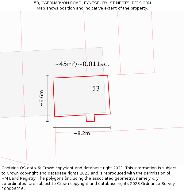 53, CAERNARVON ROAD, EYNESBURY, ST NEOTS, PE19 2RN: Plot and title map
