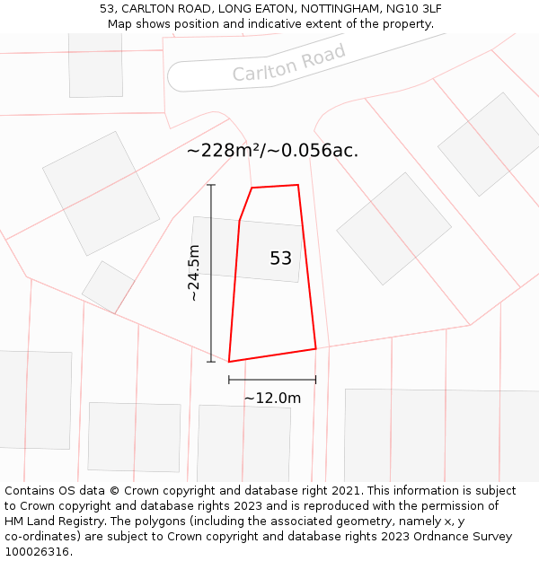 53, CARLTON ROAD, LONG EATON, NOTTINGHAM, NG10 3LF: Plot and title map