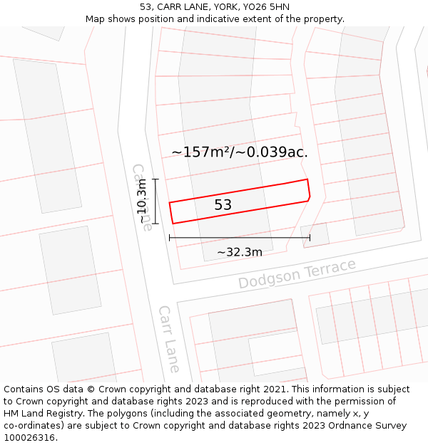 53, CARR LANE, YORK, YO26 5HN: Plot and title map