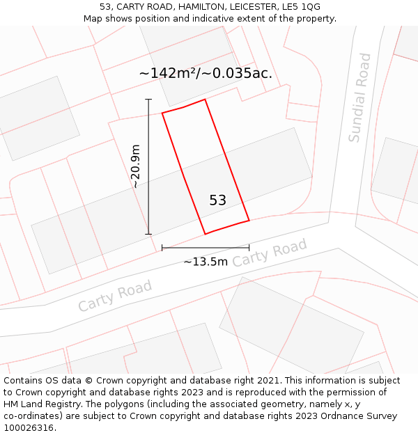 53, CARTY ROAD, HAMILTON, LEICESTER, LE5 1QG: Plot and title map