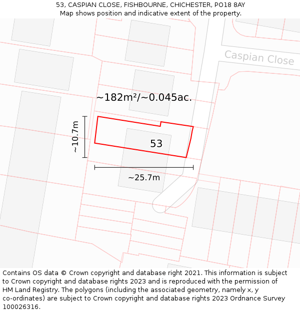 53, CASPIAN CLOSE, FISHBOURNE, CHICHESTER, PO18 8AY: Plot and title map