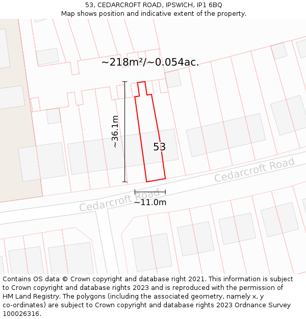 53, CEDARCROFT ROAD, IPSWICH, IP1 6BQ: Plot and title map