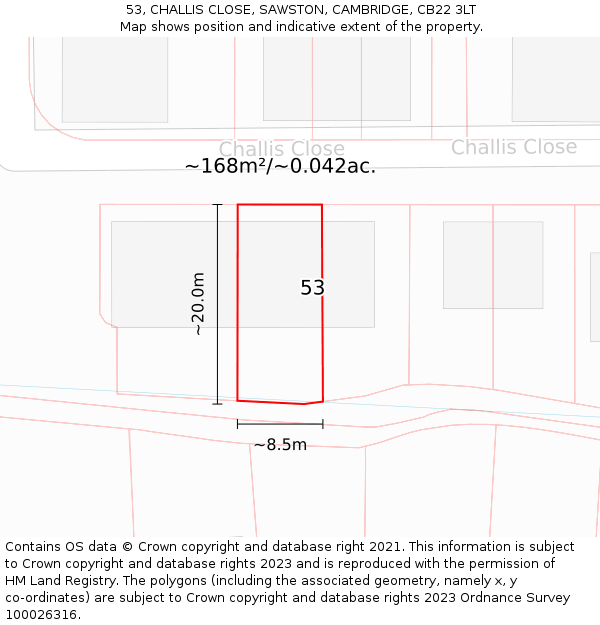 53, CHALLIS CLOSE, SAWSTON, CAMBRIDGE, CB22 3LT: Plot and title map