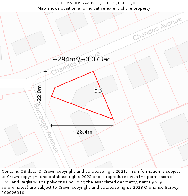 53, CHANDOS AVENUE, LEEDS, LS8 1QX: Plot and title map