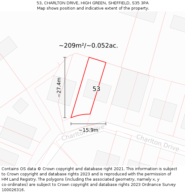 53, CHARLTON DRIVE, HIGH GREEN, SHEFFIELD, S35 3PA: Plot and title map