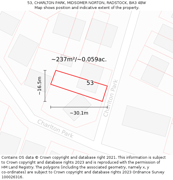 53, CHARLTON PARK, MIDSOMER NORTON, RADSTOCK, BA3 4BW: Plot and title map