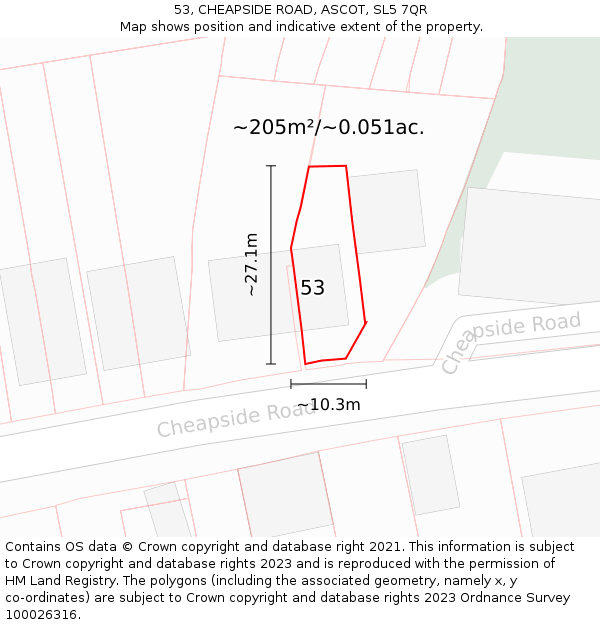 53, CHEAPSIDE ROAD, ASCOT, SL5 7QR: Plot and title map