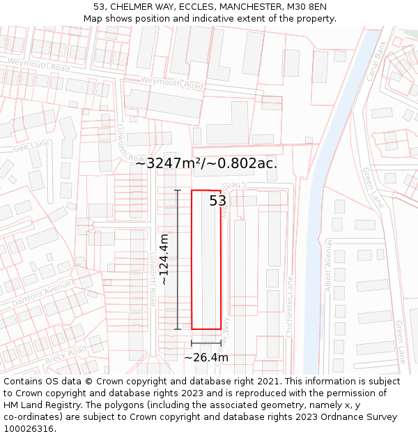 53, CHELMER WAY, ECCLES, MANCHESTER, M30 8EN: Plot and title map