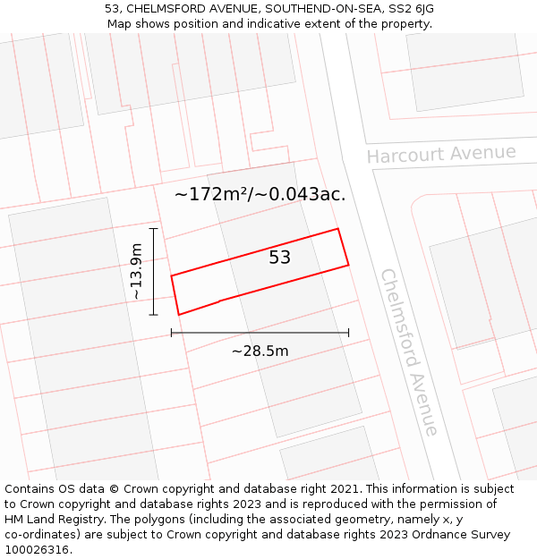 53, CHELMSFORD AVENUE, SOUTHEND-ON-SEA, SS2 6JG: Plot and title map