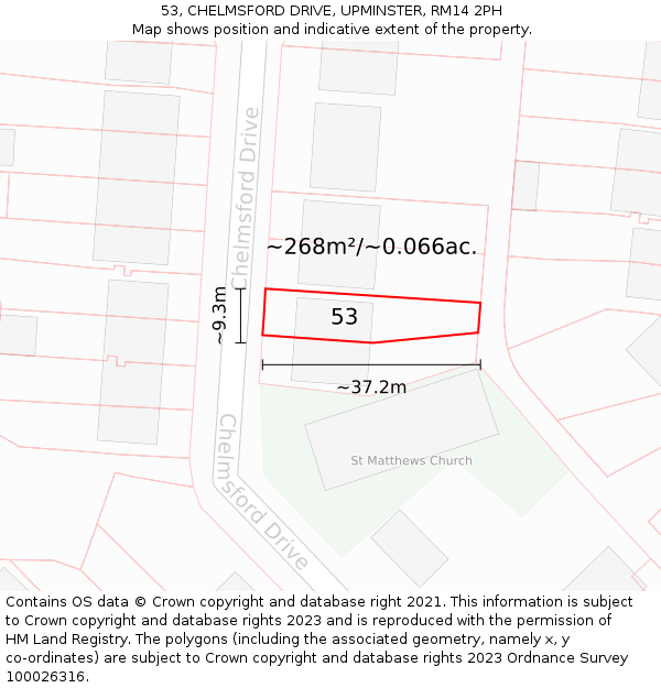 53, CHELMSFORD DRIVE, UPMINSTER, RM14 2PH: Plot and title map