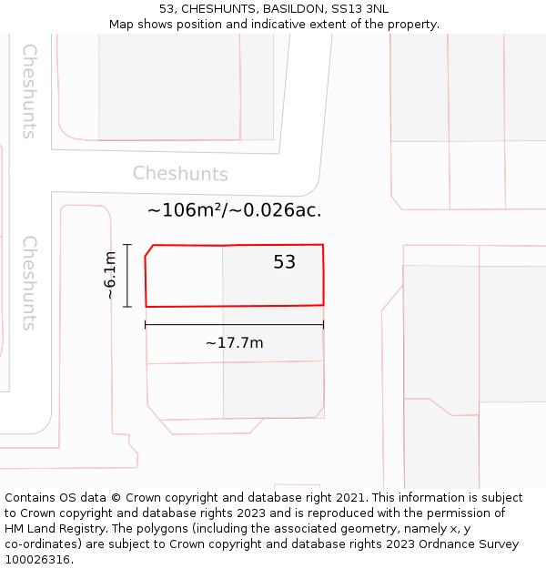 53, CHESHUNTS, BASILDON, SS13 3NL: Plot and title map
